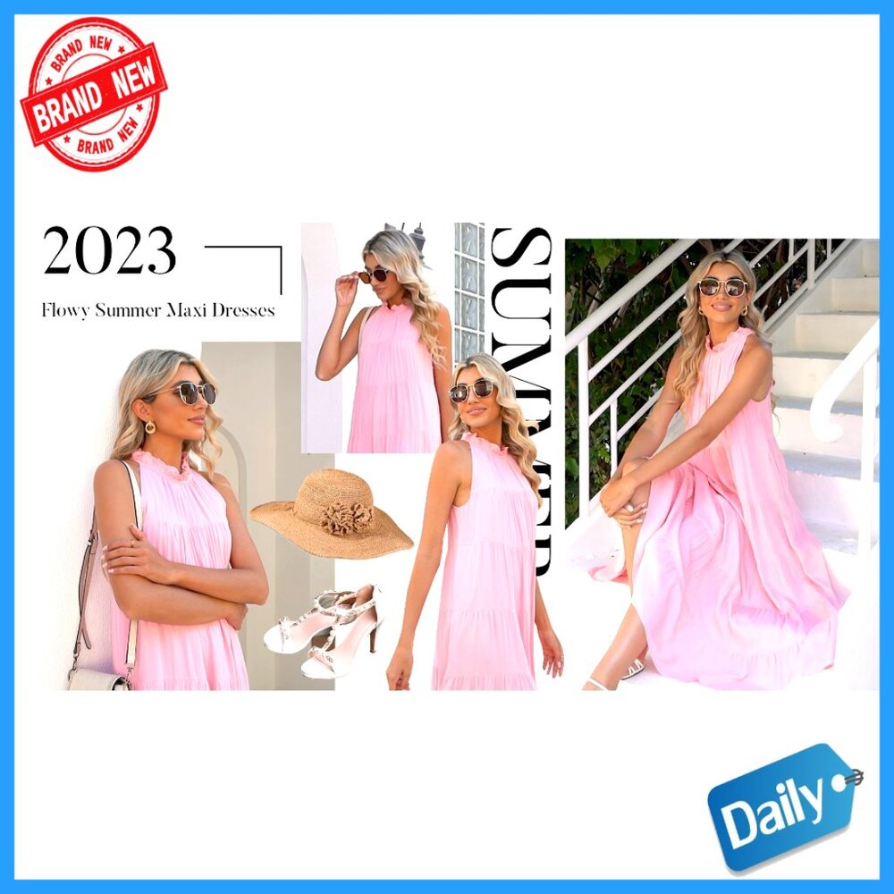 Sleeveless Halter Midi Maxi Dress Loose Fit Pleated Tiered Flowy Boho Beach - Picture 7 of 7